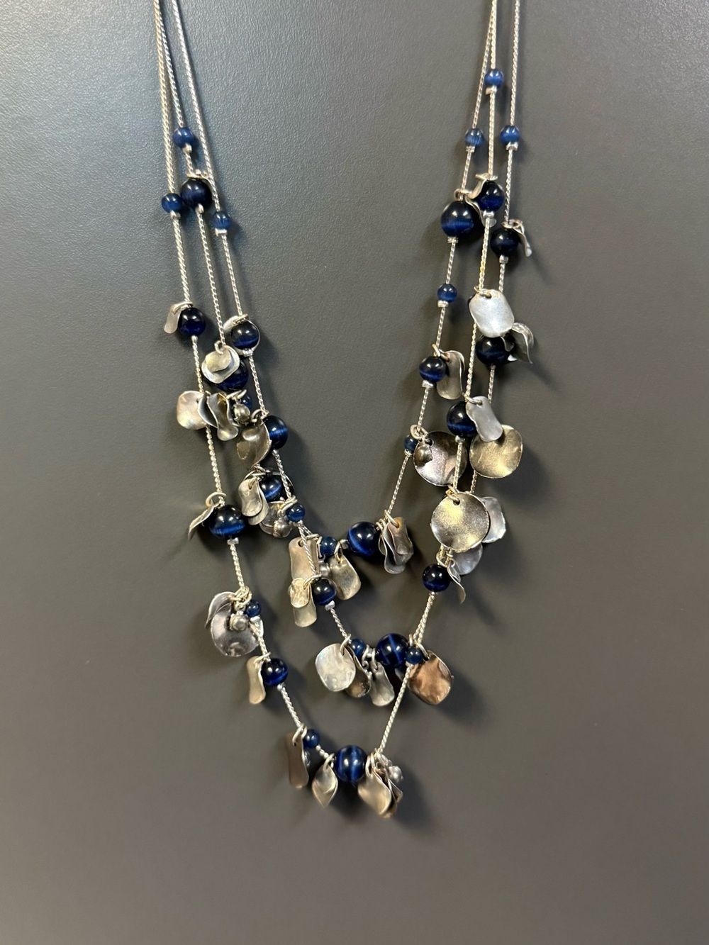 Multi-Strand Navy Bead & Silver Petal 19” Necklace